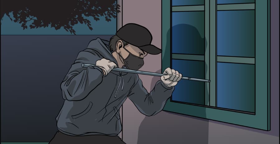 Illustration of burglar forcing entry through a window in Youngstown